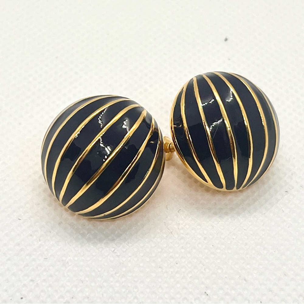 VTG Signed Napier 80's Retro Navy Blue Enamel Gold Tone Metal Clip On Earrings